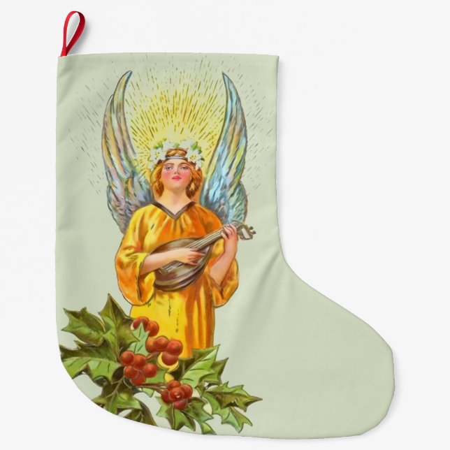 Meia De Natal Grande Anjo Com Azevinho E Bandolim  (Frente)