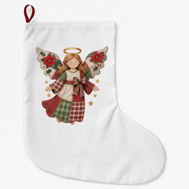 Meia De Natal Grande Anjo de Natal com Estrelas Douradas (Frente)
