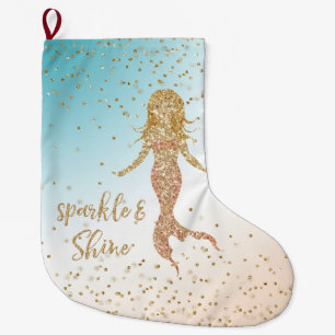 Meia De Natal Grande Aqua Dourada Mermaid Sparkle Confetti