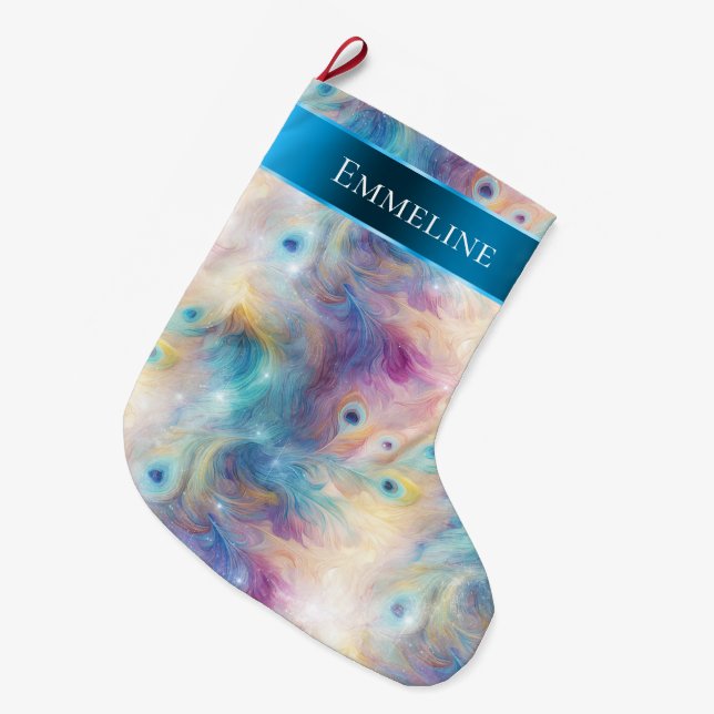 Meia De Natal Grande Aqua Purple Floral Peacock Natal (Frente (Pendurada))