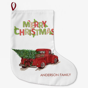Meia De Natal Grande Aquarela Caminhão Vermelho Árvore de Pinheiro Feli