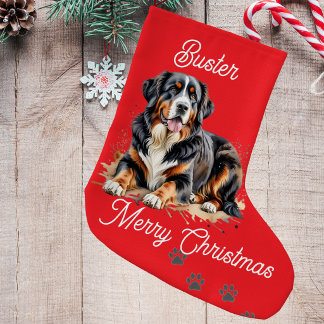 Meia De Natal Grande Aquarela de Pet Bernese Mountain Marrom Personaliz