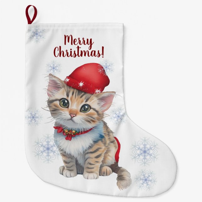 Meia De Natal Grande Armazenamento Personalizável de Kitten Natal (Frente)