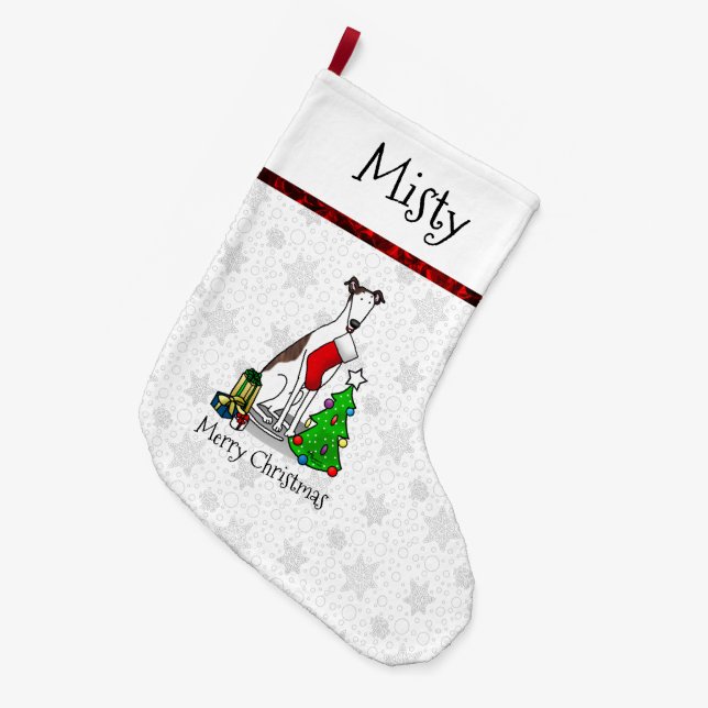 Meia De Natal Grande Árvore de Natal 2 Greyhound (branco-brindle) Diver (Frente (Pendurada))