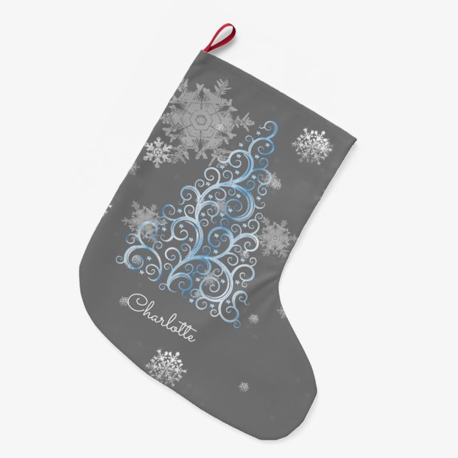 Meia De Natal Grande Árvore de Natal Azul e Flocos de Neve (Frente (Pendurada))