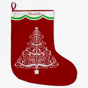 Meia De Natal Grande Árvore de Natal Branco sobre a Vermelha Personali