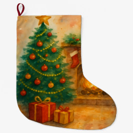 Meia De Natal Grande Árvore de Natal em Aquarela & Lareira Aconchegante