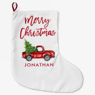 Meia De Natal Grande Árvore Red Brusch Script Vintage Red Truck