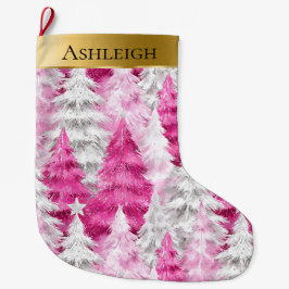 Meia De Natal Grande Árvores de Natal Brancas Douradas, Rosa-Glam