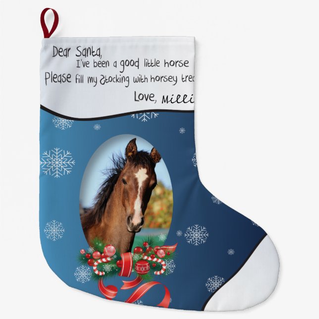 Meia De Natal Grande Azul ADICIONE sua foto do CAVALO e nomeie Papais n (Frente)