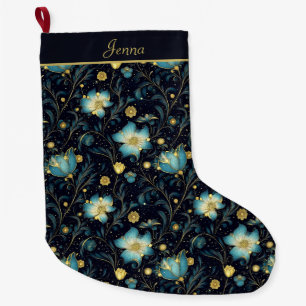 Meia De Natal Grande Azul e Dourado Floral de meia-noite elegante perso