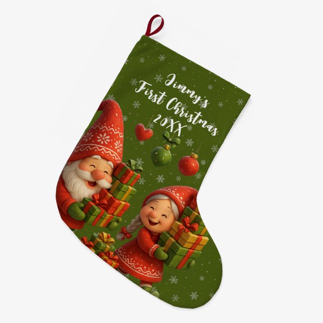 Meia De Natal Grande Baby’s First Christmas - Cute Holiday Gnomes (Frente (Pendurada))