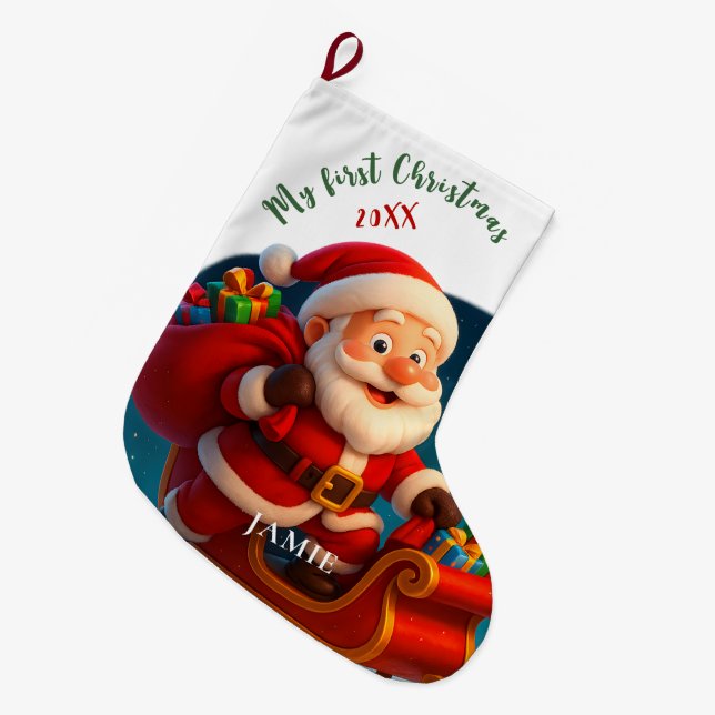 Meia De Natal Grande Baby’s First Christmas - Cute Holiday Santa (Frente (Pendurada))