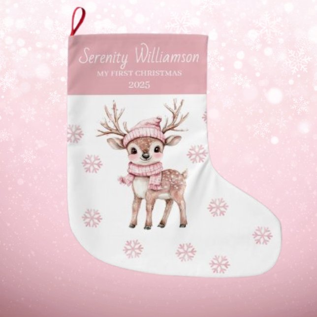 Meia De Natal Grande Babys 1st Christmas Pink Snowflakes Deer Woodland  (Criador carregado)