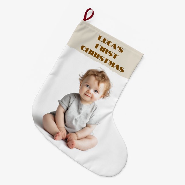 Meia De Natal Grande Baby's First Christmas  Photo & Name Stocking (Frente (Pendurada))