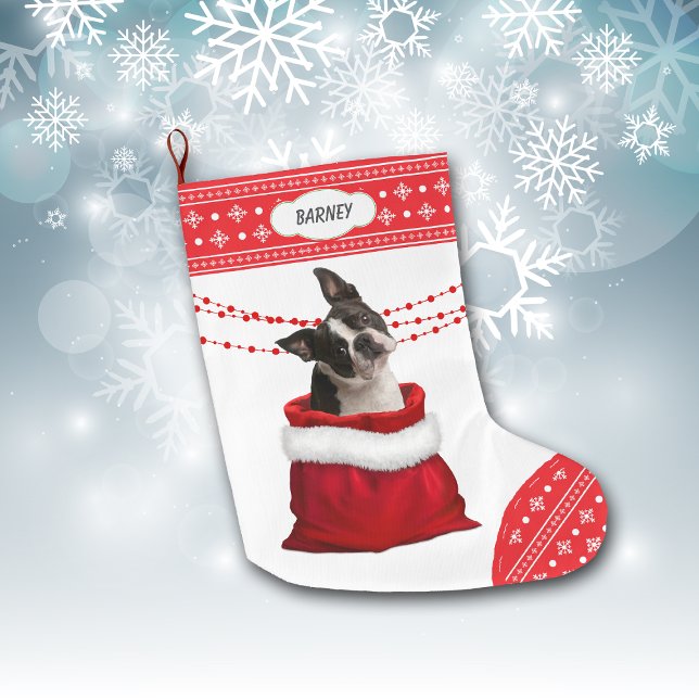 Meia De Natal Grande Bag Cute Boston Terrier Dog Snowflake Border (Criador carregado)