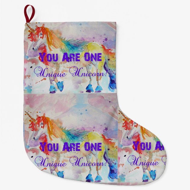 Meia De Natal Grande Balança de Natal Whimsical Rainbow Unicorn Art (Frente)