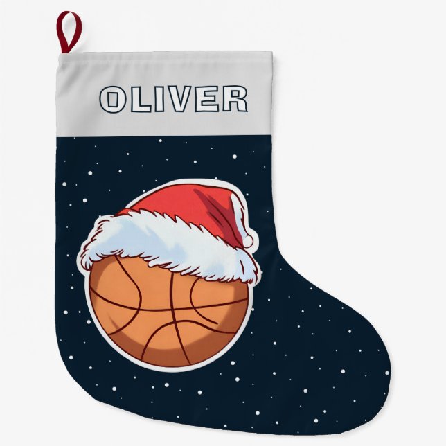 Meia De Natal Grande Basketball Ball Red Santa Hat Name (Frente)