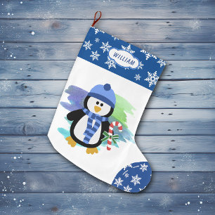Meia De Natal Grande Bastão de doces azul bonito do pinguim