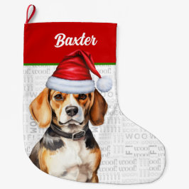 Meia De Natal Grande Beagle de Natal com nome de cão