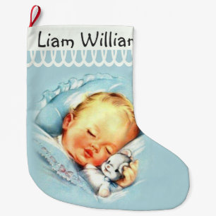 Meia De Natal Grande Bebê de sono personalizado frente e verso