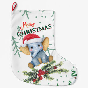 Meia De Natal Grande Bebê Elefante Fofo com Chapéu Vermelho de Papai No