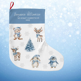 Meia De Natal Grande Bebê Meu 1º Natal Personalizado Floresta Azul