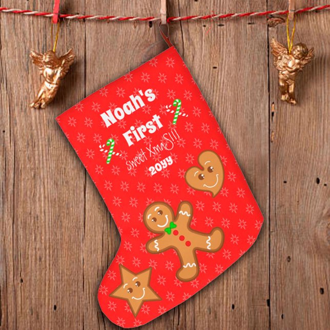 Meia De Natal Grande Bebê Primeiro doce XmaS Gingerbird Pals 2 lados (Criador carregado)