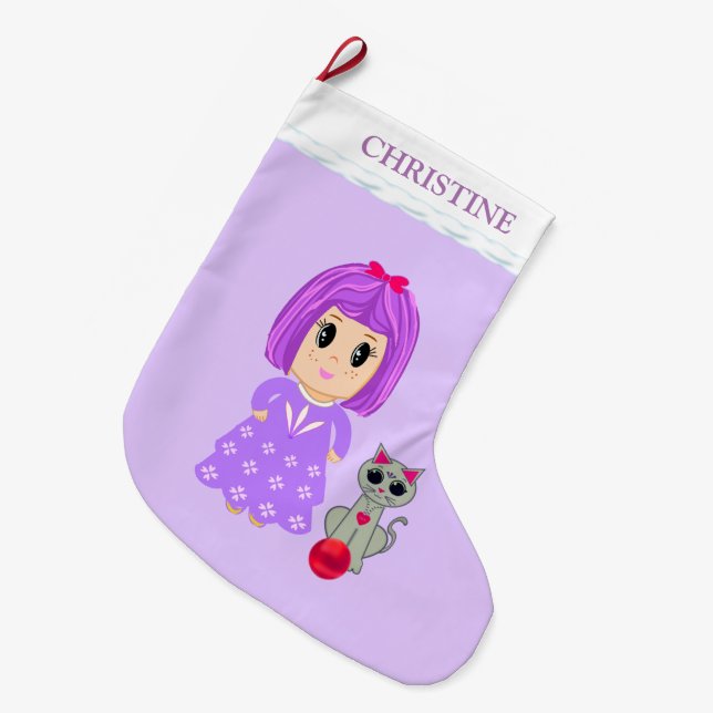 Meia De Natal Grande Bela Menina e Gato (Frente (Pendurada))
