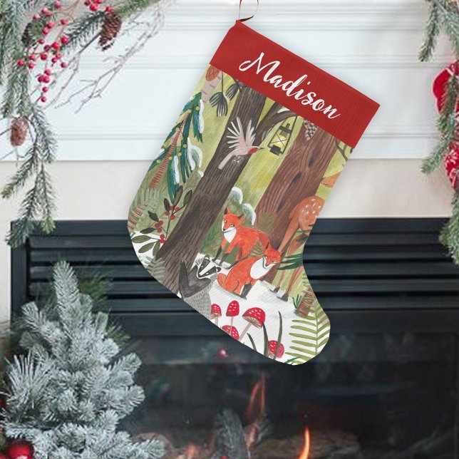 Meia De Natal Grande Belas florestas — Natal verde (Cute Woodland animals Green Christmas Large Christmas Stocking)