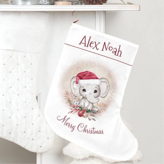 Meia De Natal Grande Belo Elefante Bebê no Primeiro Natal (Cute Elephant Baby First Christmas Stocking)