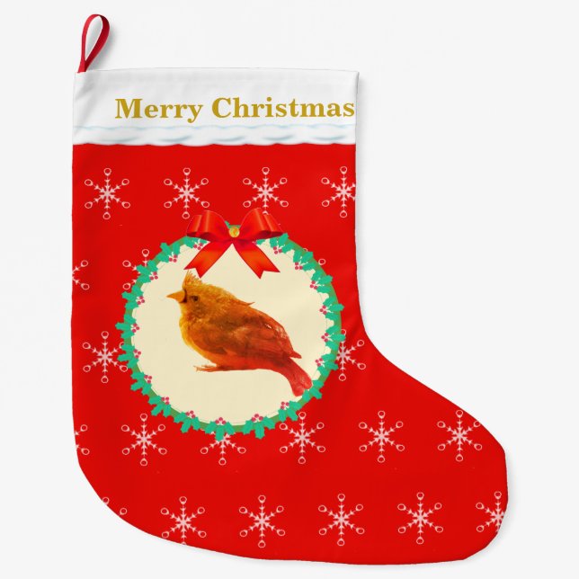 Meia De Natal Grande Belo Pássaro Cardinal (Frente)