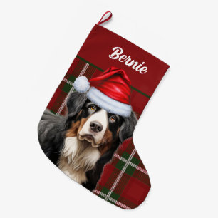Meia De Natal Grande Bernese Mountain Dog Holiday Xadrez com nome de cã