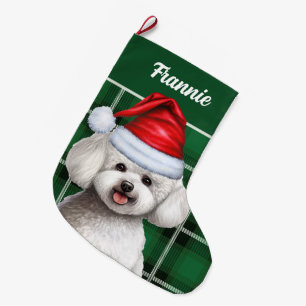 Meia De Natal Grande Bichon Frise Cão Feriado Xadrez Verde Nome do Cão