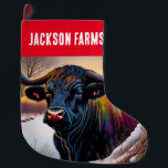 Meia De Natal Grande Black Angus Bull Winter<br><div class="desc">Neste design moderno colorido,  um touro angus está em uma paisagem cênica de neve.</div>
