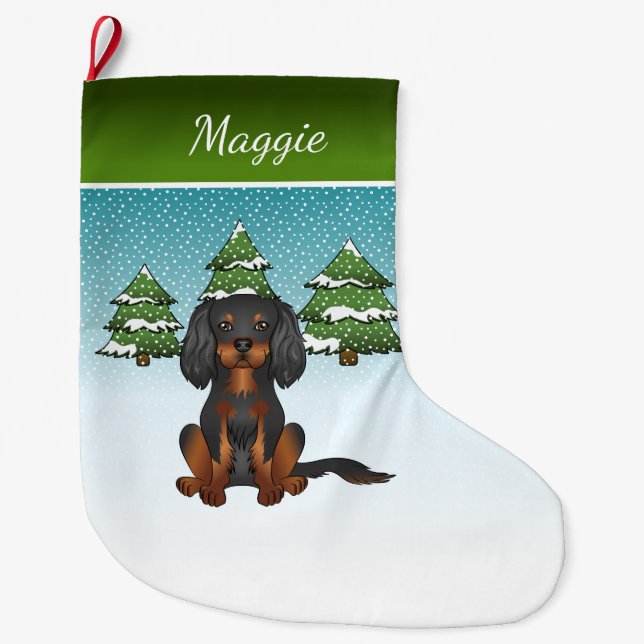 Meia De Natal Grande Black Tan Cavalier King Charles Spaniel No Inverno (Frente)