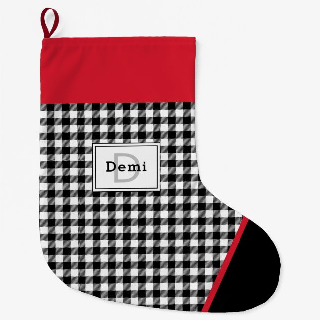 Meia De Natal Grande Black & White Plaid Toe Trim Monogram (Frente)