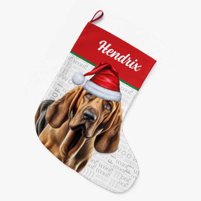 Meia De Natal Grande Bloodhound de Natal com o nome Woof Background (Frente (Pendurada))