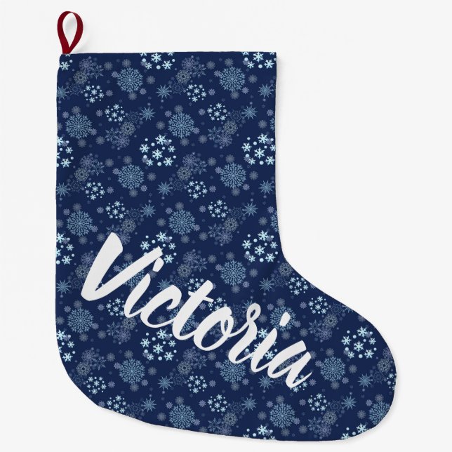 Meia De Natal Grande Blue Christmas Elegant Snowflake Pattern (Frente)