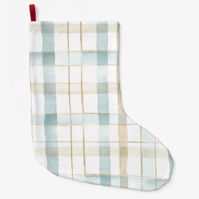 Meia De Natal Grande Blue Cream White Plaid Christmas (Frente)