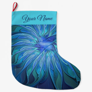 Meia De Natal Grande Blue Flower Fantasy, Abstrato Fractal Art Nome Pró