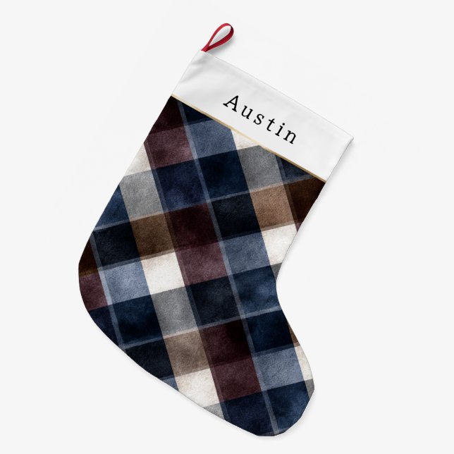 Meia De Natal Grande Blue Red Grey White Squares   (Frente (Pendurada))