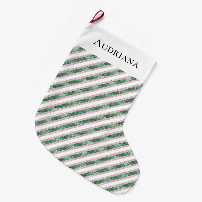 Meia De Natal Grande Blush Pink Green Glitter Stripes Christmas   (Frente (Pendurada))