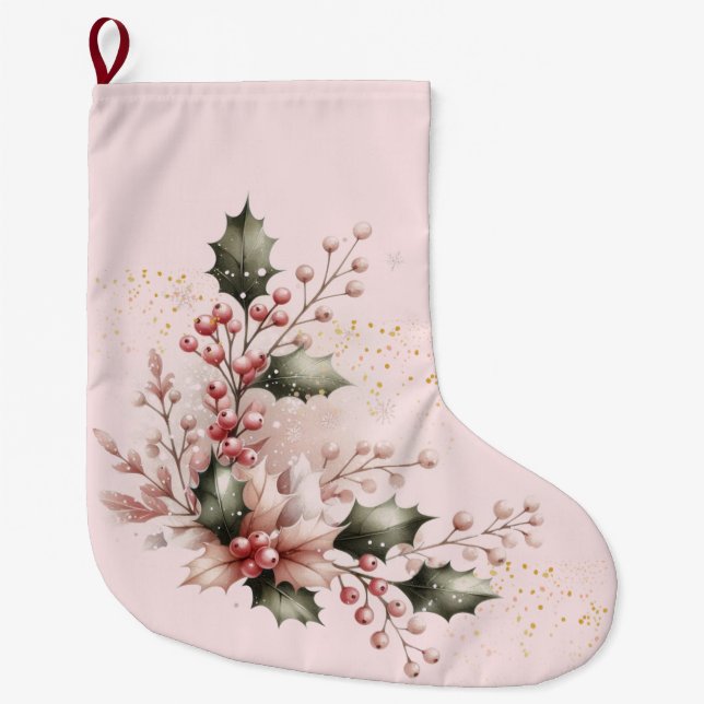 Meia De Natal Grande Blush Pink Holly e Berries (Frente)