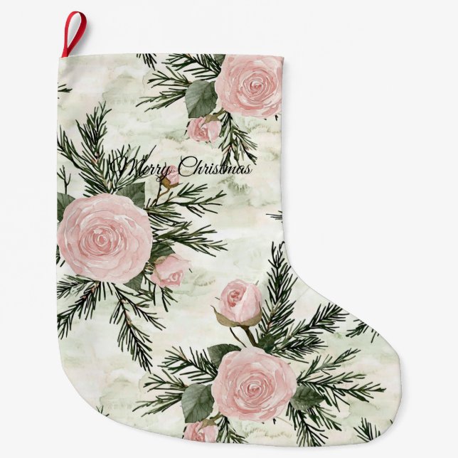 Meia De Natal Grande Blush Rosa Floral Natal (Frente)