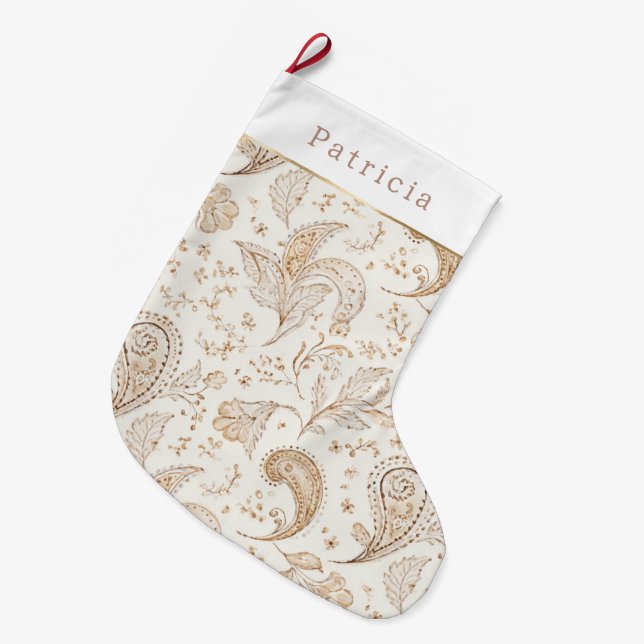 Meia De Natal Grande Bohemiam Boho Creme Natal Branco   (Frente (Pendurada))