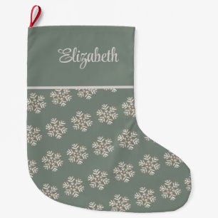 Meia De Natal Grande Boho Sage Green Snowflakes Nome Personalizado Nata