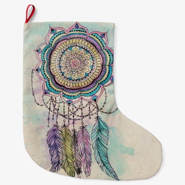 Meia De Natal Grande Boho Watercolor Mandala Dreamcatcher (Frente)