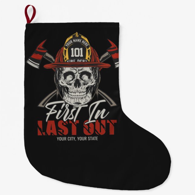 Meia De Natal Grande Bombeiro de NOME Personalizado Primeiro no Bombeir (Frente)