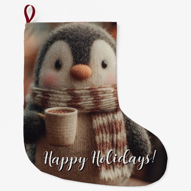 Meia De Natal Grande Boneca de Pinguim Tecida Fofa com Cachecol Seguran (Frente)